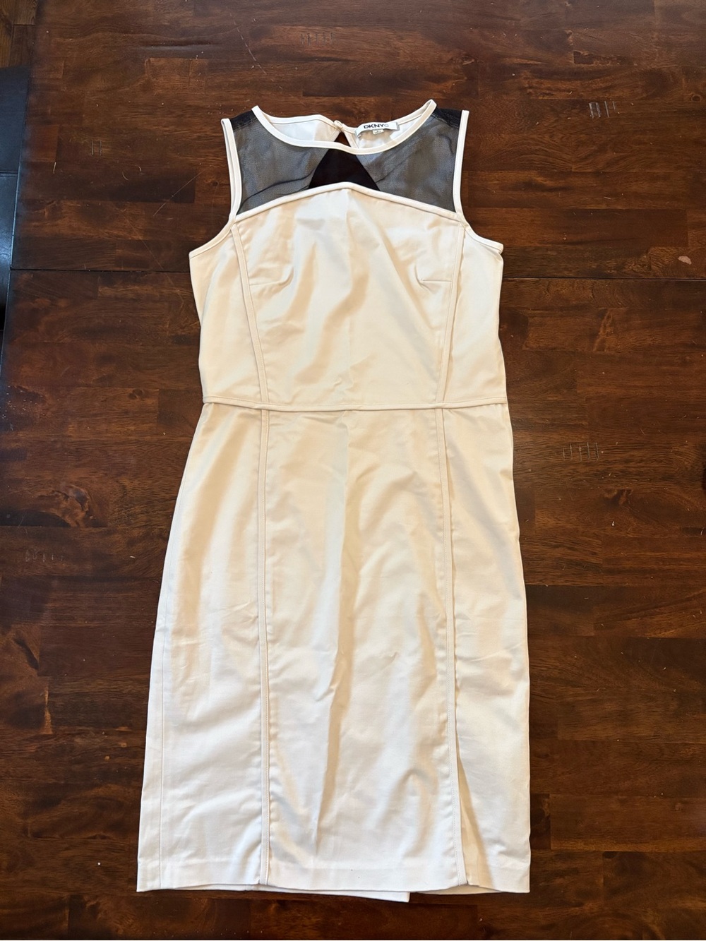 DKNYC | Vintage Midi Dress in Cream with Black Mesh Kneckline